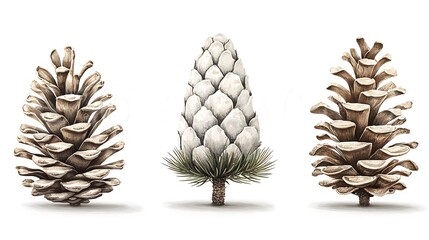 Realistic Illustrations of Three Distinct Pine Cones on a White Background