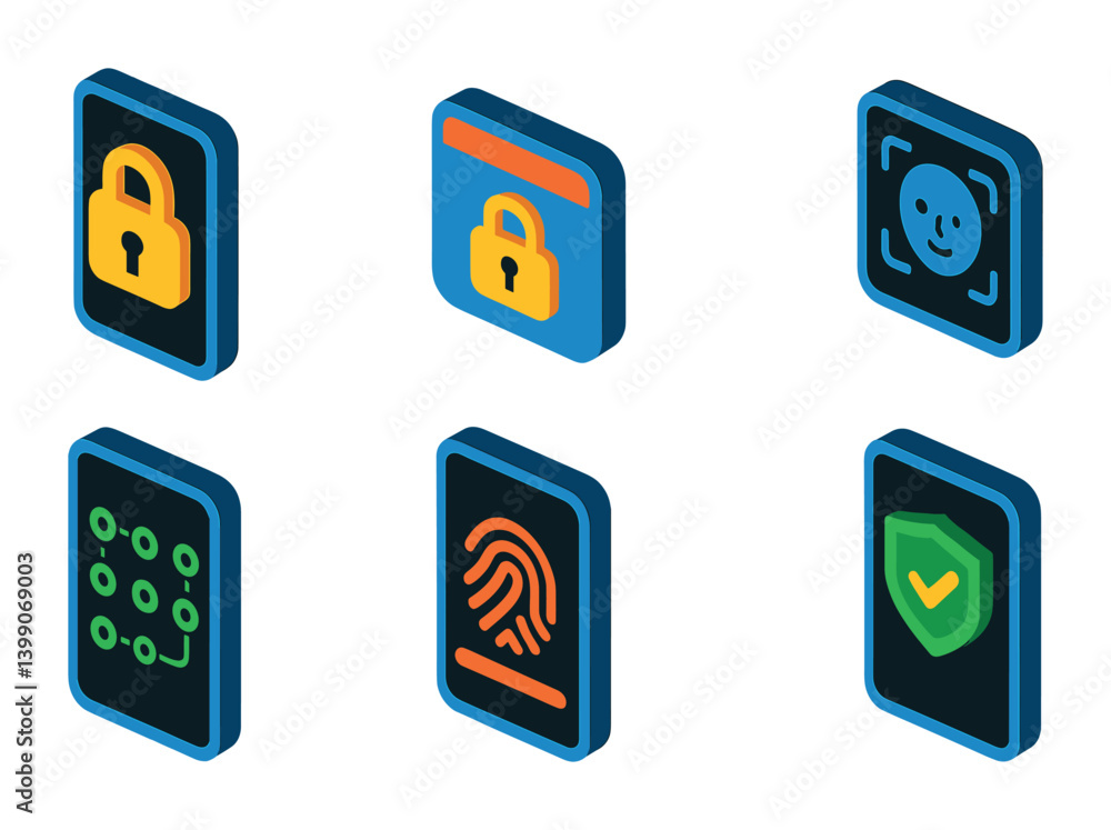 Poster isometric flat vector set of icons of mobile device security: phone with lock, screen lock icon, fac