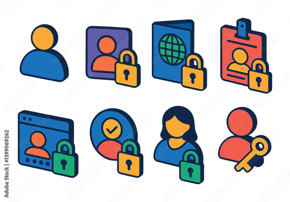 Poster isometric flat vector set of icons of lock access logs: document with key icon, list of entries, loc