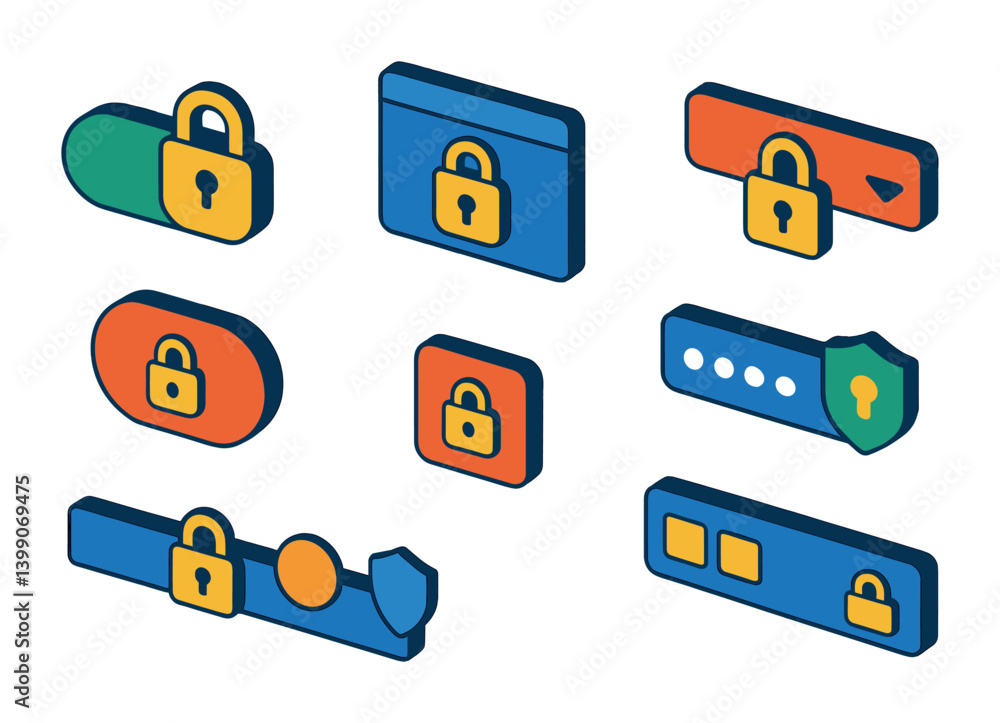 Poster 3d security icon set for web applications: locks, shields, and passwords
