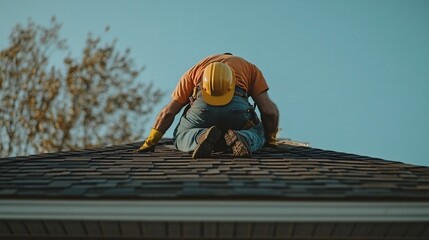 Construction worker on roof wearing hard hat repairing shingles on a building.