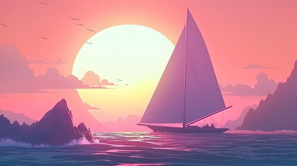 Naklejka premium Sailboat sunset ocean landscape, peaceful evening sail, rocky coastline, travel poster