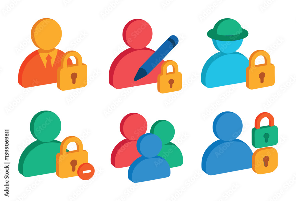 Poster isometric flat vector set of icons of user management settings: add user, remove user, change role, 