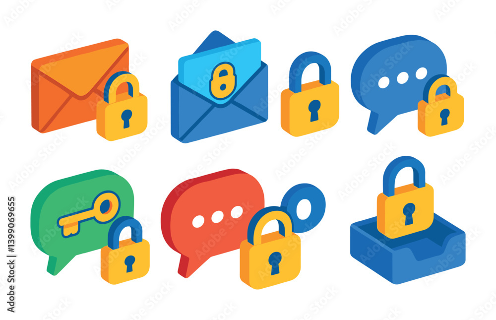 Poster isometric flat vector set of icons of email and messaging locks: envelope with padlock, secure mail 