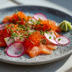Close-up of delicious salmon sashimi with radish and caviar on a speckled plate, concept for restaurant menu, food blog, and culinary advertising