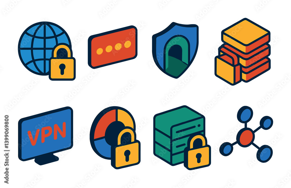 Aufkleber isometric flat vector set of icons of network and vpn security: globe with lock, private ip icon, sh