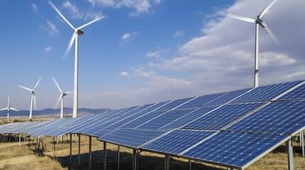 Solar panels and wind turbines in a field, symbolizing clean energy and sustainability