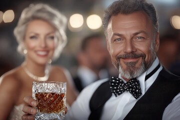 Obraz premium Brandy celebration - cheerful mood, whisky pleasure, refined taste, smooth experience, golden warmth, joyful gathering, rich flavor, spirited enjoyment, classic indulgence, happy toast.