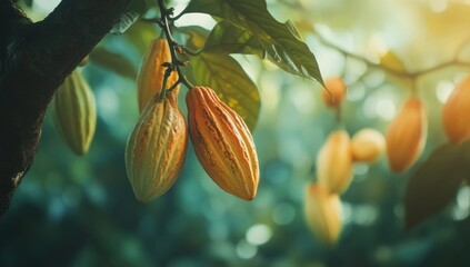 Cocoa pods hanging from branches