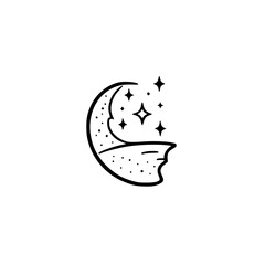 Crescent Moon and Stars Line Art Illustration, Minimalist Design