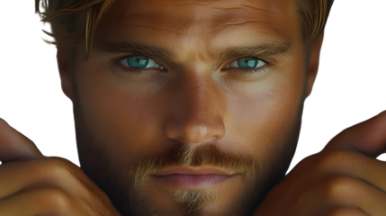 Closeup portrait of a man with blond hair and blue eyes