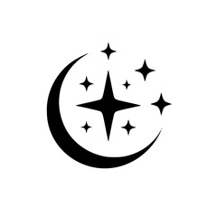 Celestial Icon: Crescent Moon and Sparkling Stars, Black on White