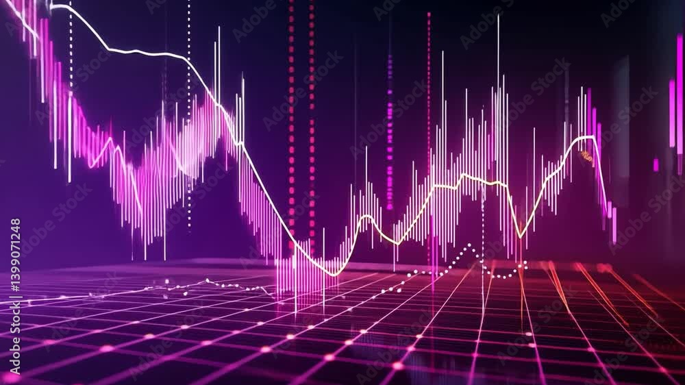 Poster colorful digital visualization of data trends analyzing fluctuating statistics with vibrant graphs a