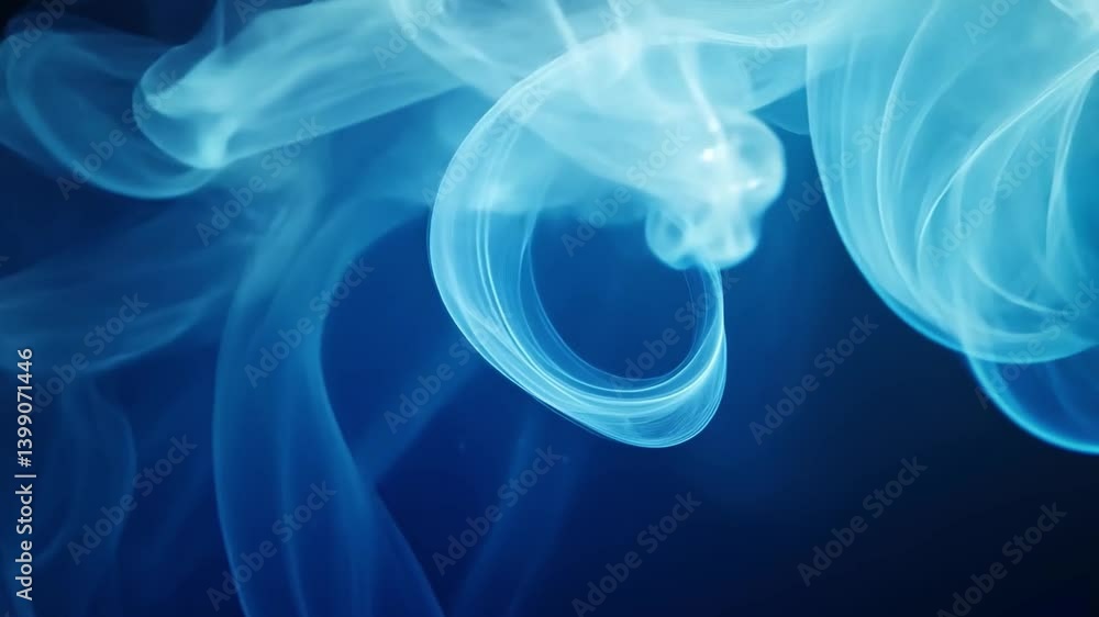Poster translucent blue smoke swirls in fluid motion against dark background, creating ethereal and calming