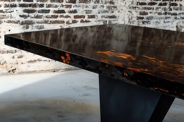 Modern Concrete Table with Distressed Surface and Industrial Brick Background