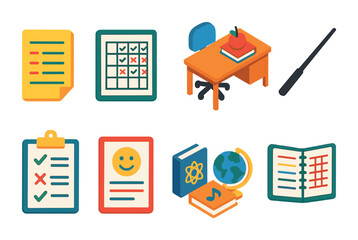 Isometric flat vector set of icons of teacher resources: lesson plan, gradebook, teacher desk, pointer stick, clipboard, feedback sheet, subject planner notebook. isolated transparent background.