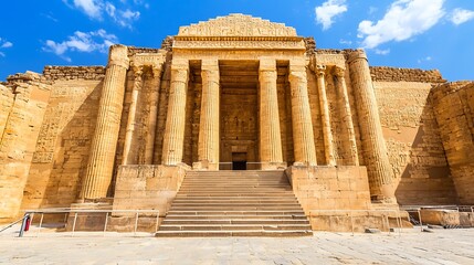 Obraz premium Ancient Temple Exterior with Tall Columns and Stone Steps Under Bright Blue Sky