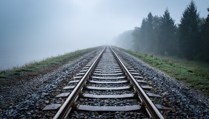 Fototapeta premium 雨の日の線路、遠くまで続くレール