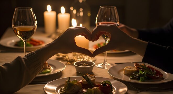 An intimate close-up of hands forming a heart shape over a candlelit dinner table, plates with gourmet food and wine glasses visible, romantic setting — stock photography style