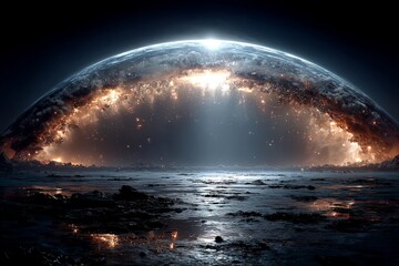 A massive shield-like force field forming a perfect dome over a dark rocky moon