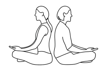 Two People Meditating Back To Back In Lotus Pose Minimalist Line Art Illustration Demonstrating Mindfulness And Connection Wellbeing