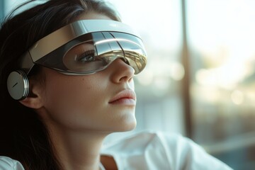 A woman wearing futuristic glasses, contemplating the future of technology.