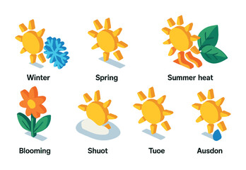 Isometric flat vector set of icons of seasonal hearts: autumn heart, spring love, summer heart, winter love, seasonal wreath, falling heart leaves, sun and hearts, snow heart. isolated transparent