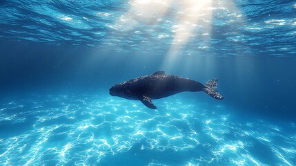 Obraz premium Whale swimming underwater, sunbeams
