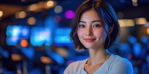 A woman with short hair and a white shirt is smiling
