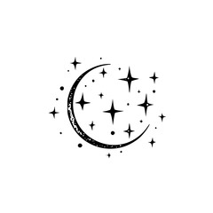 Celestial Moon & Stars Illustration - Black & White, Mystical Design