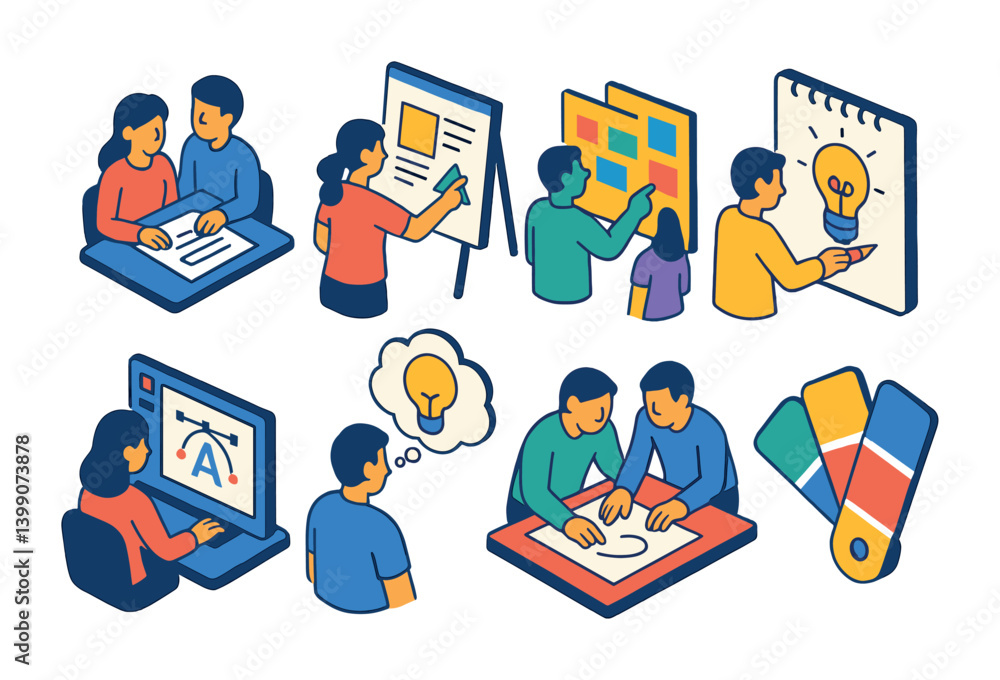 Poster isometric flat vector set of icons of creative cloud tools: design file, brush icon, vector file, ph