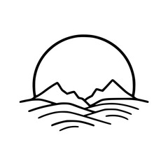 Minimalist Sunset Over Mountains and Sea - Black and White Vector Illustration