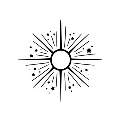 Obraz premium Hand-drawn Celestial Sunburst with Stars Illustration, Black and White
