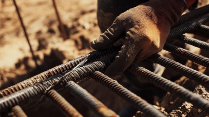 A Hispanic construction worker tying rebar for foundation work. Featuring focus and construction skill