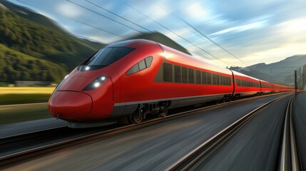 Fototapeta premium Red High-Speed Train in Mountain Valley