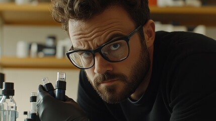 Focused scientist examines lab samples