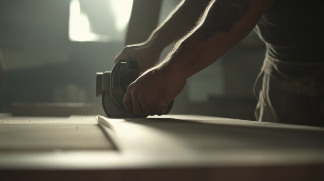 A Hispanic construction worker using a circular saw on wood. Featuring skill and focus