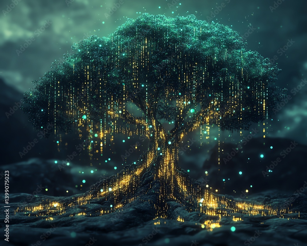 Poster tree composed of binary code, glowing branches and roots, symbolizing digital growth and technology,