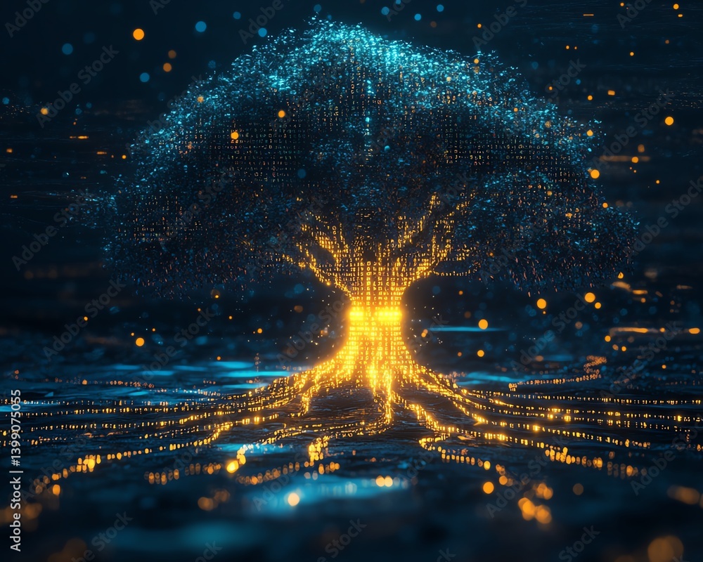 Poster tree constructed from binary code, glowing branches and roots of ones and zeros, digital nature, gen