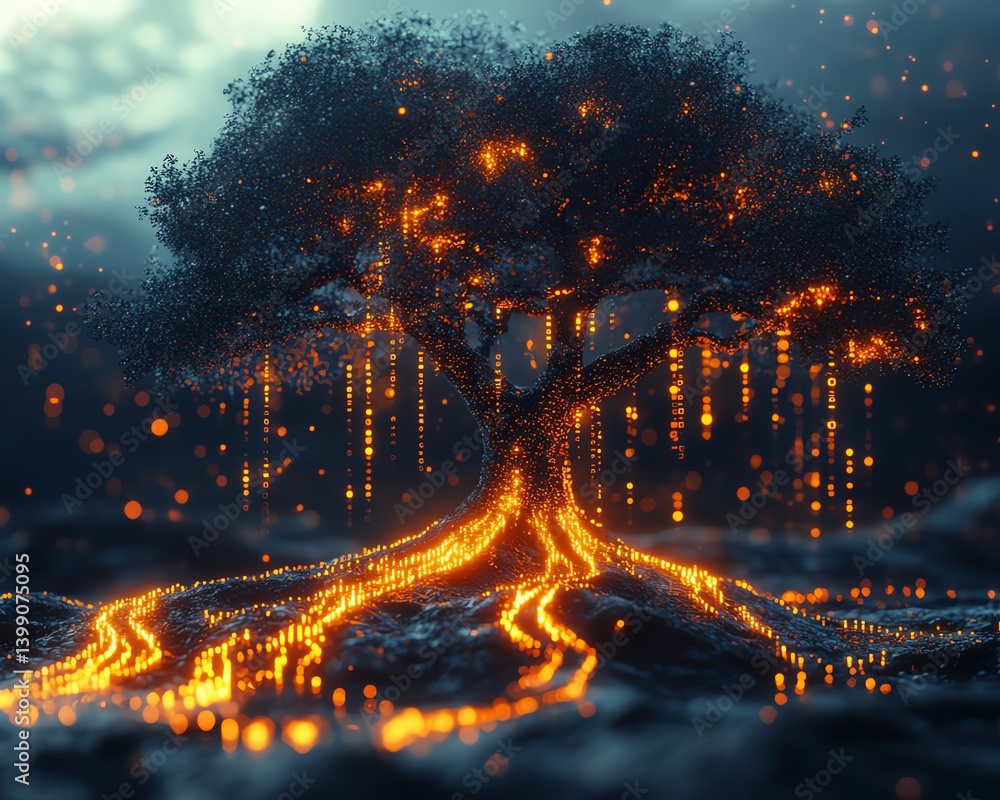 Poster tree constructed from binary code, glowing branches and roots of ones and zeros, digital nature, gen