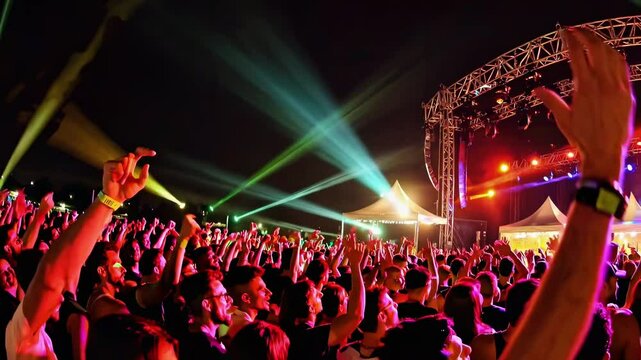 Vibrant festival scene with a crowd dancing under colorful lights. Low-angle shot captures energy, perfect for a music video backdrop.