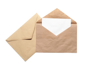 Envelopes isolated with card on white, top view. Mockup for design