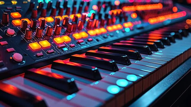 Illuminated synthesizer keyboard with numerous knobs and controls