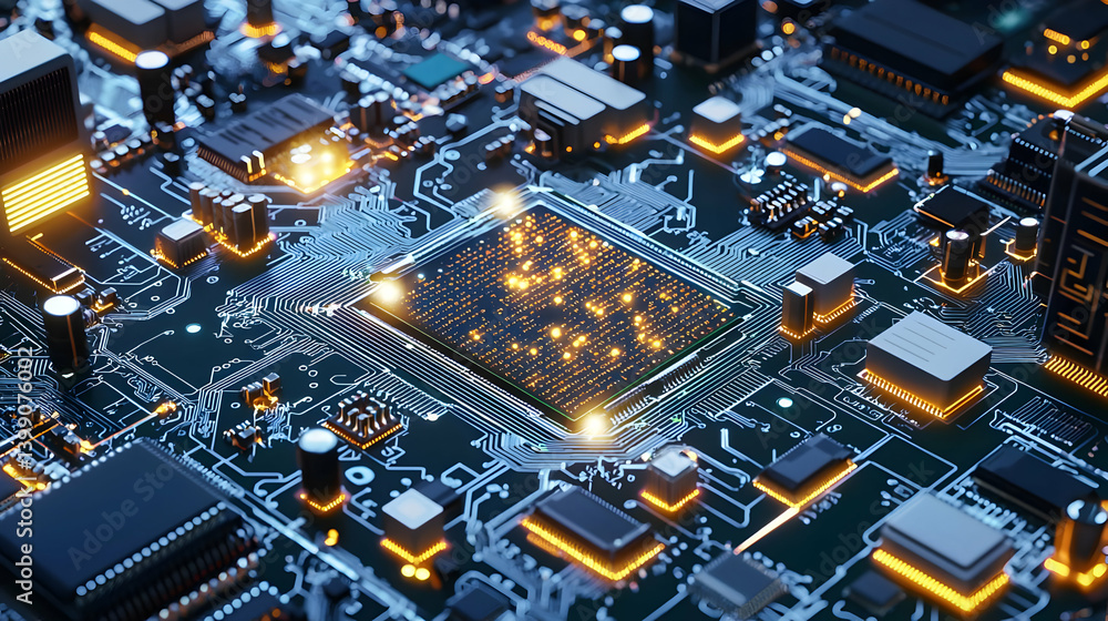 Poster abstract circuit board with glowing microchip