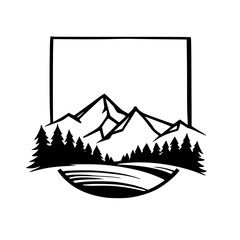Fototapeta premium Monochrome Mountain Landscape Emblem, Hand-Drawn Style, for Outdoors, Nature, and Travel