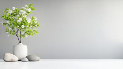 Simple, minimalist, home decor.  A small, white vase holds a flowering plant with pale white blossoms and fresh green leaves on a white surface with gray stones
