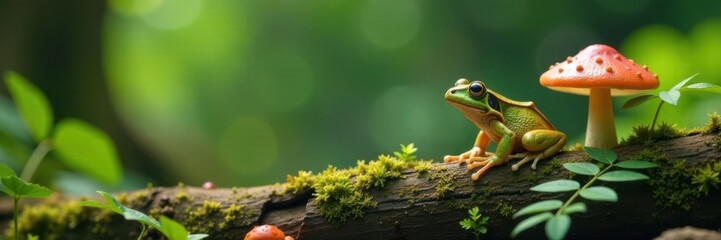 Obraz premium Frog sitting on a log in a forest with mushrooms and ferns around it, trees, fern