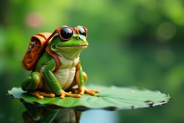 Naklejka premium Frog sitting on a lily pad with sunglasses and a backpack, sunglasses, summer vibes