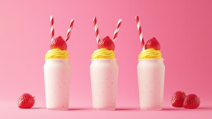 Pink Strawberry Smoothies on a Pink Background