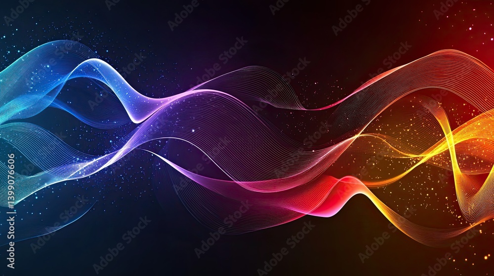 Poster dynamic rainbow gradient waves, fluid motion, vivid color transitions, futuristic and modern digital